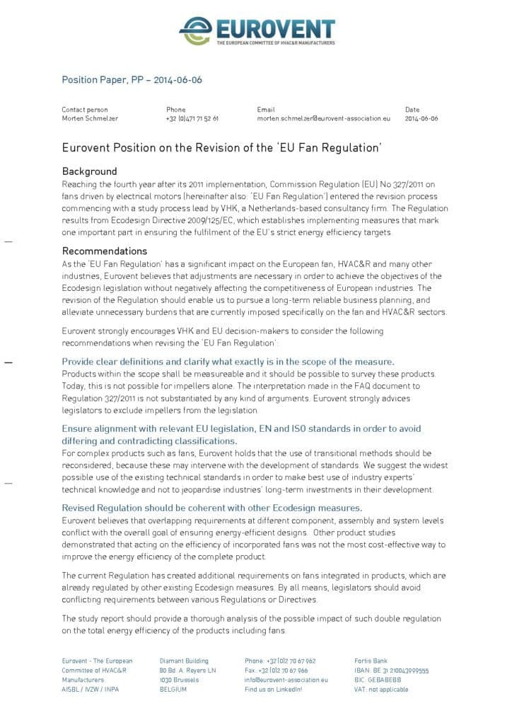 Eurovent Position on the EU Fan Regulation