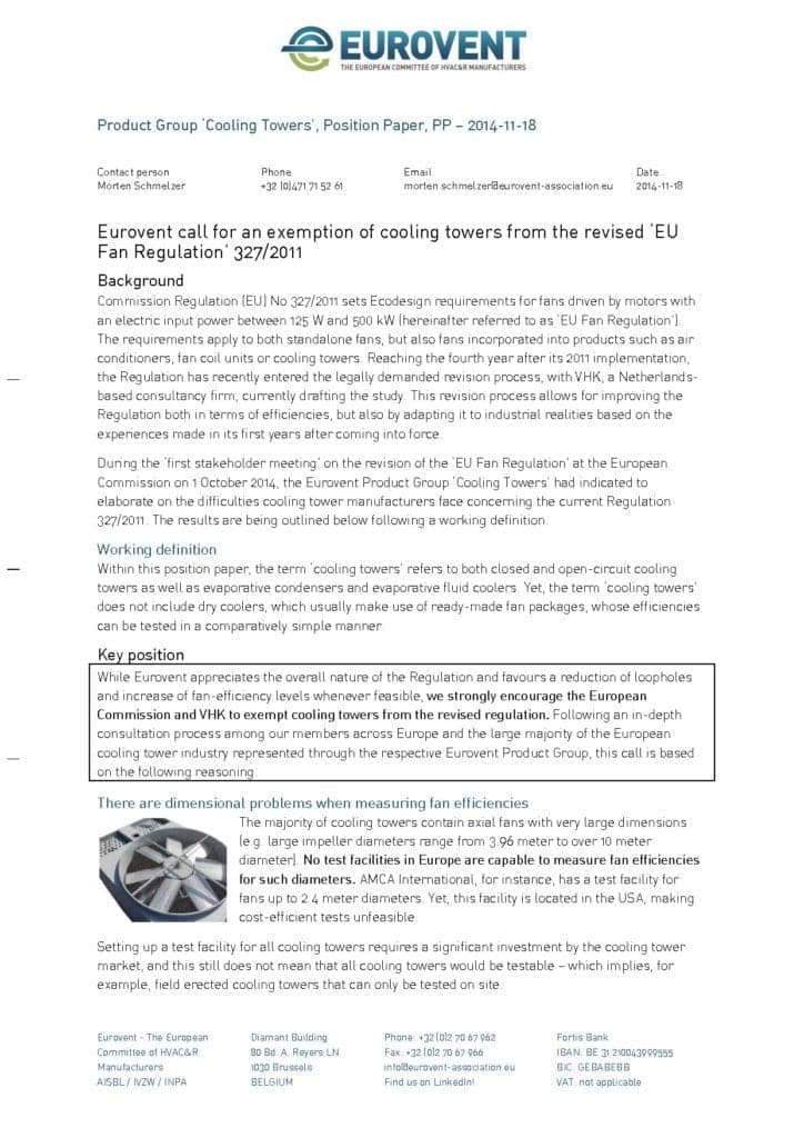 Eurovent call for an exemption of cooling towers from the revised EU Fan Regulation