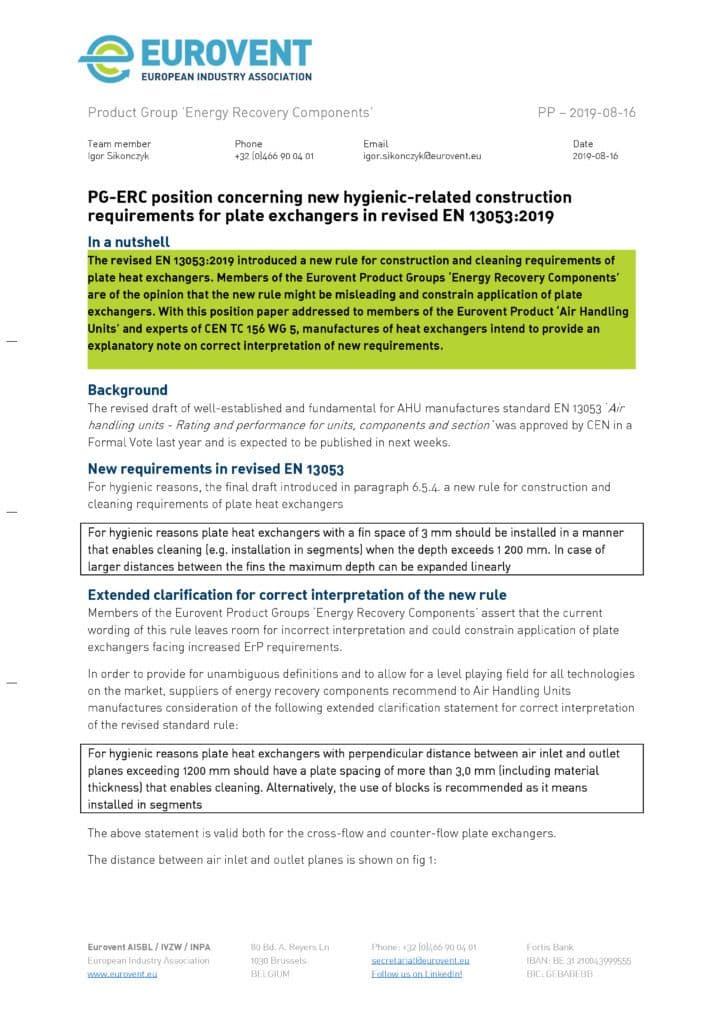 Eurovent Position Paper on new hygienic requirements for PHE in EN 13053
