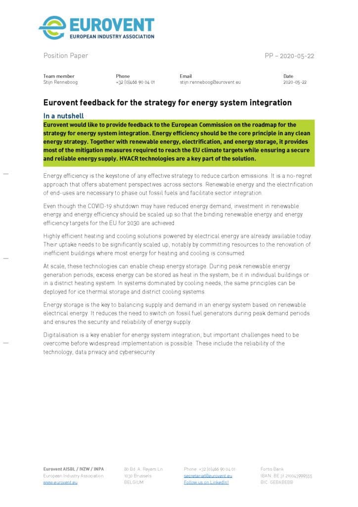 Eurovent feedback on the roadmap for energy system integration
