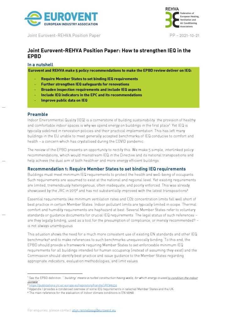 Joint Eurovent REHVA Position Paper on how to strengthen IEQ in the EPBD