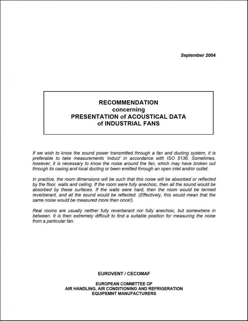 Eurovent 8/17: Presentation of acoustical data of industrial fans