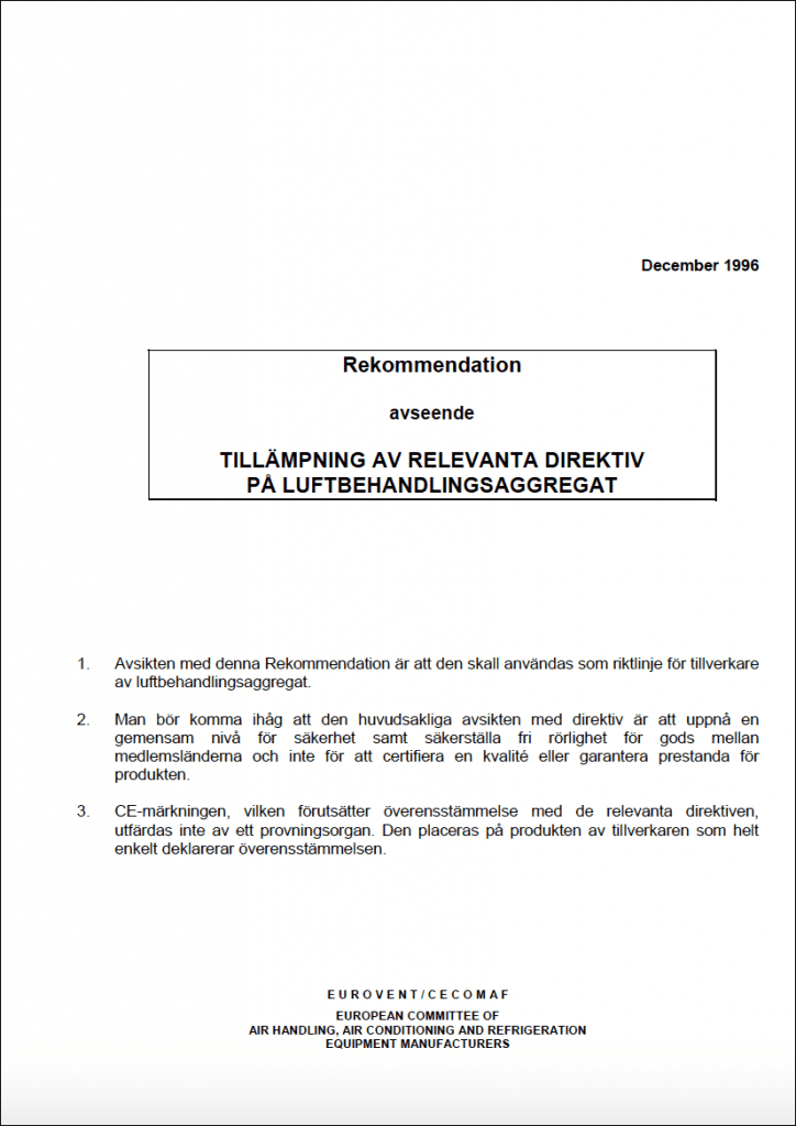 Eurovent 6/2: Tillämpning av relevant Direktiv på Luftbehandlingsaggregat