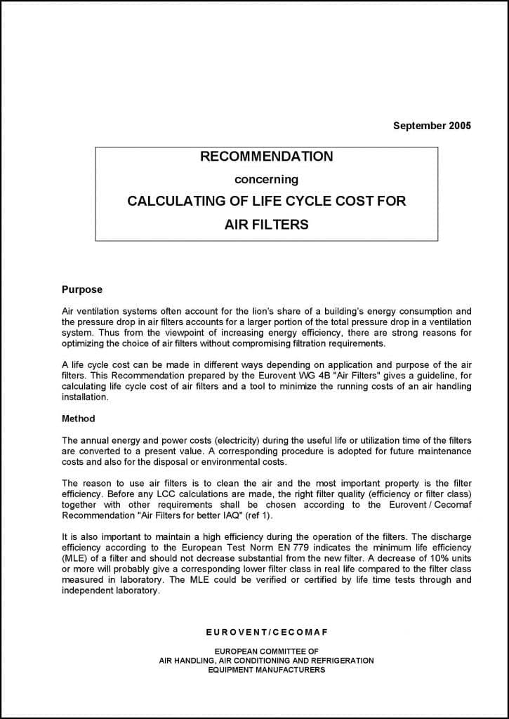 Eurovent 4/10: Calculating of life cycle cost for air filters