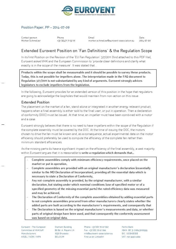 Extended Eurovent Position on ‘Fan Definitions’ and the Regulation Scope