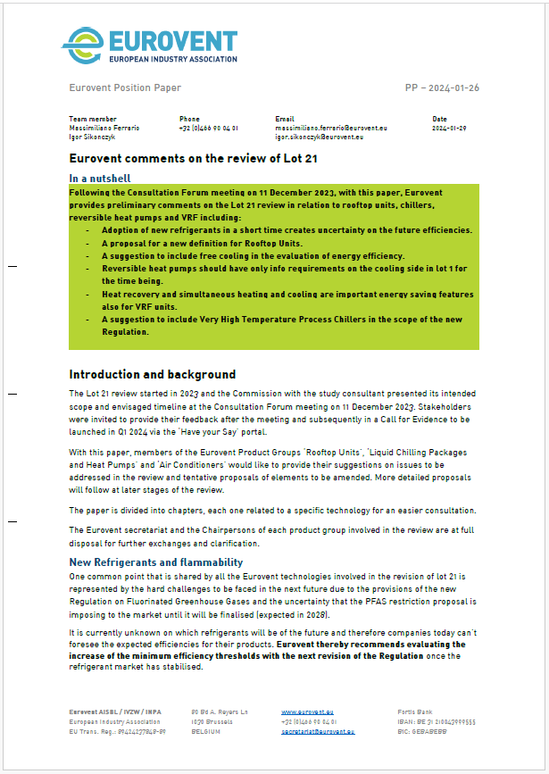 Eurovent comments on the review of Lot 21
