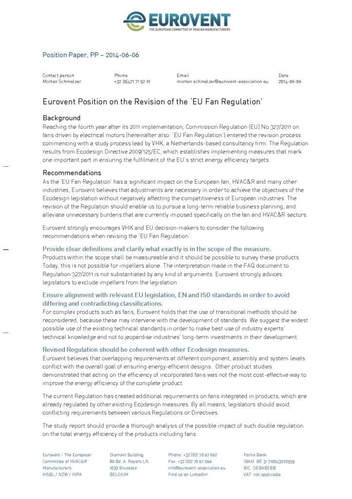 Eurovent Position on the EU Fan Regulation