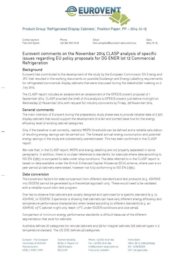 Eurovent comments on the November 2014 CLASP analysis