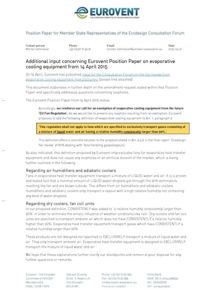 Additional input concerning Eurovent Position Paper on evaporative cooling equipment from 2015-04-14