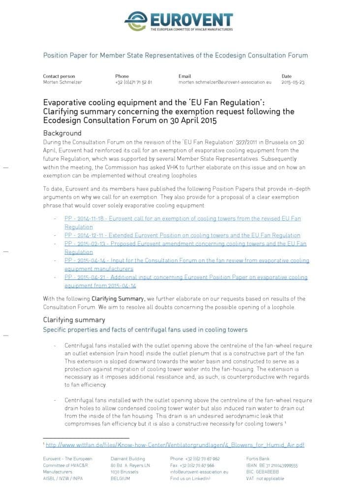Eurovent clarifying summary concerning the exemption request for evaporative cooling equipment