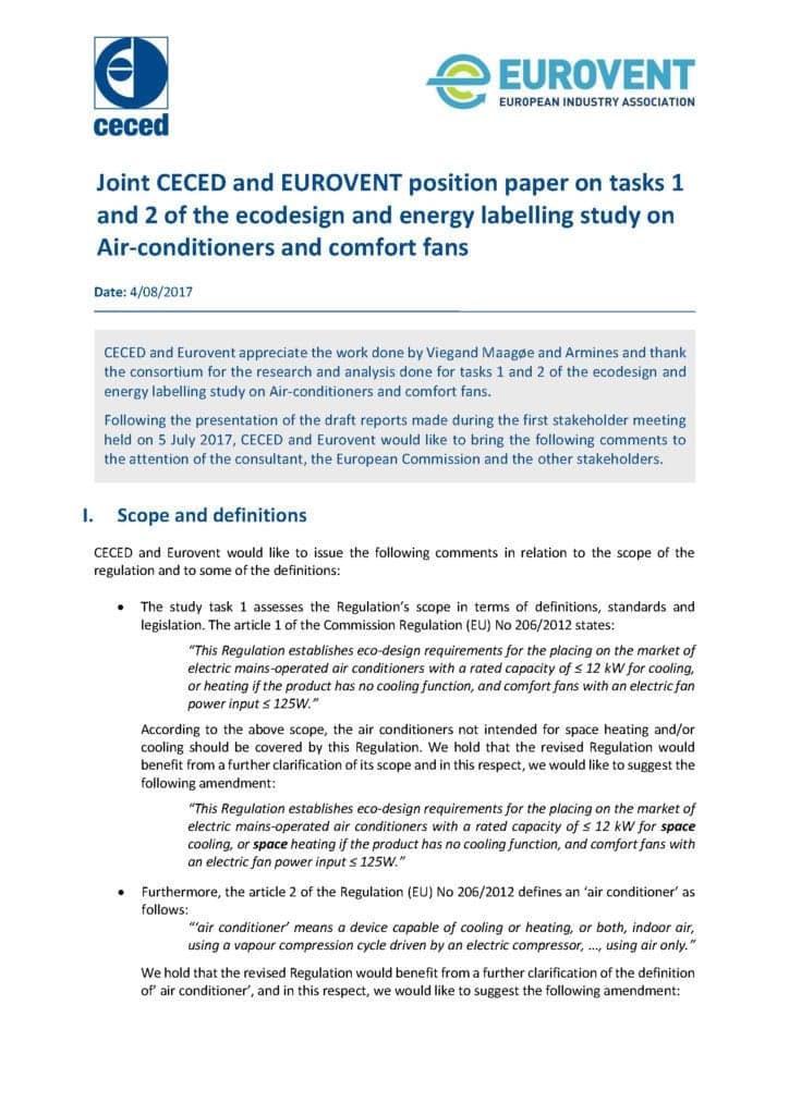 CECED & EUROVENT comments on tasks 1 and 2 of Airco and comfort fans study