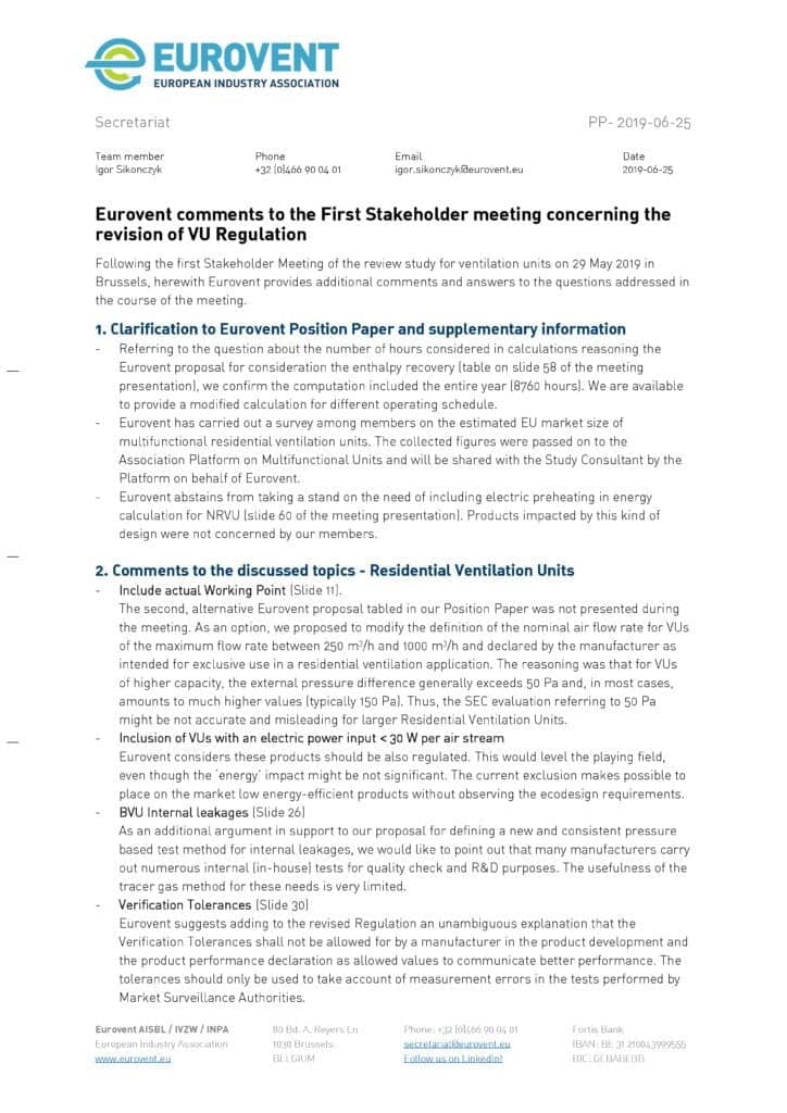 Eurovent comments to 1st VU regulation stakeholder meeting