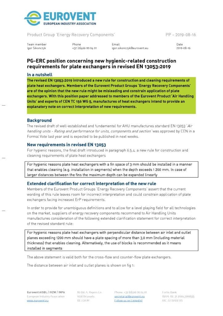 Eurovent Position Paper on new hygienic requirements for PHE in EN 13053