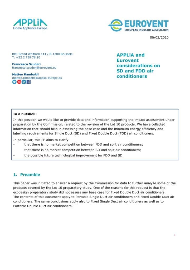 Joint Eurovent APPLiA input on FDD and SD air conditioners