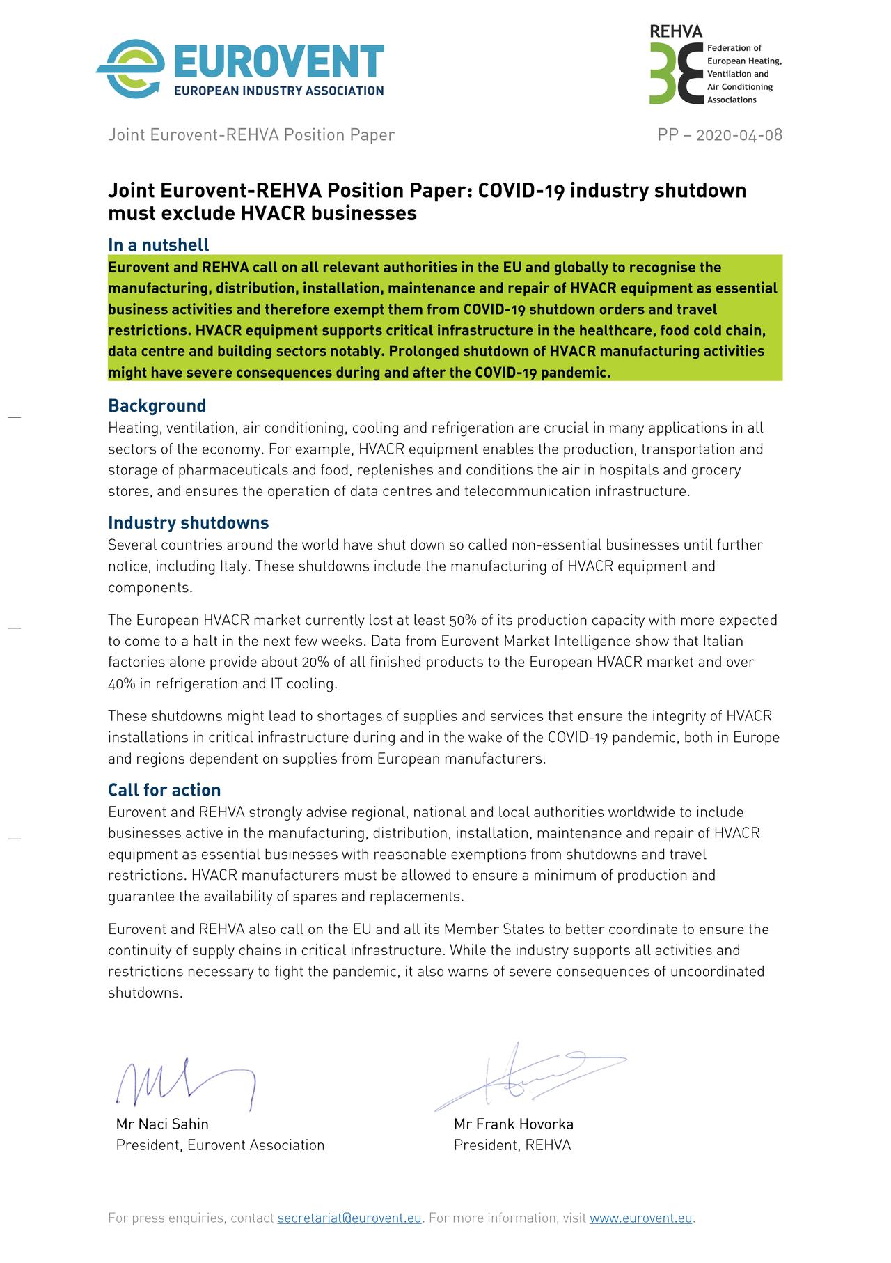 Joint Eurovent REHVA Position Paper COVID-19 industry shutdown