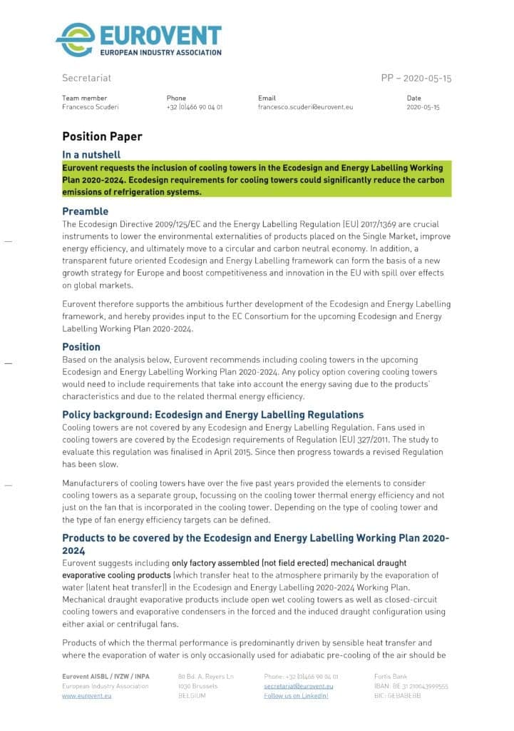 Eurovent Position Paper CT request for inclusion in Ecodesign WP 2020-2024