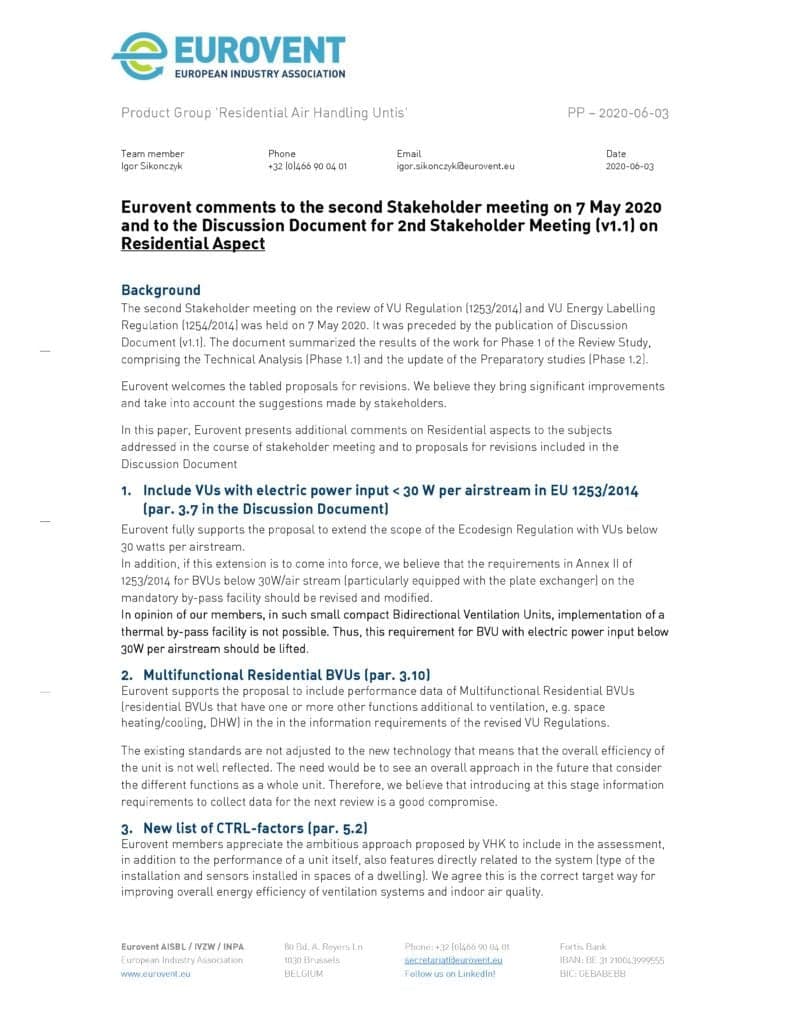 Eurovent comments to 2nd SH – VU Regulation review – RVU aspects