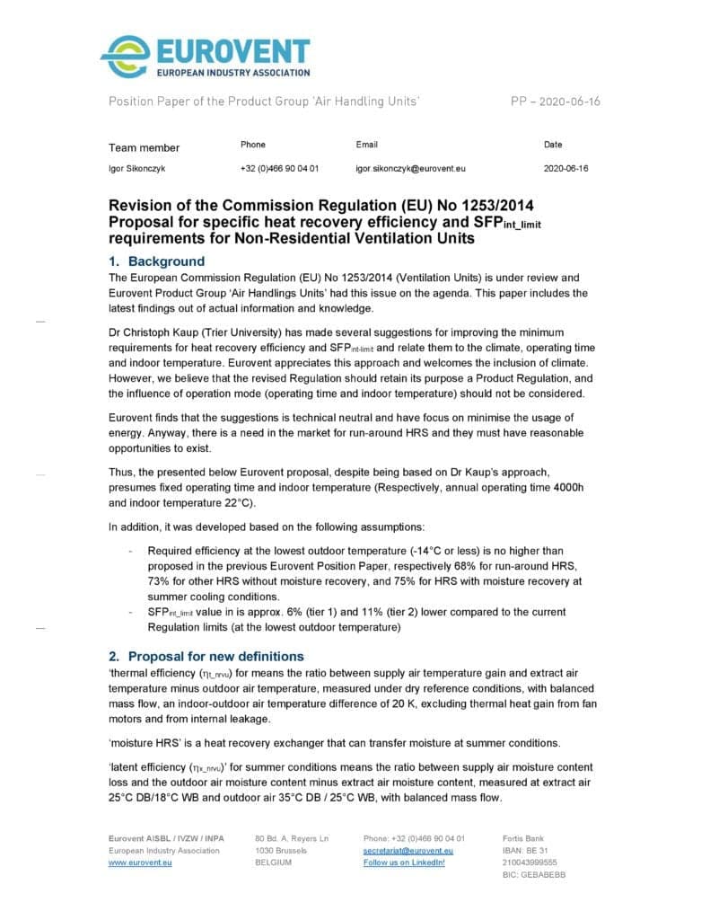 Eurovent proposal for specific HRS and SFP requirements