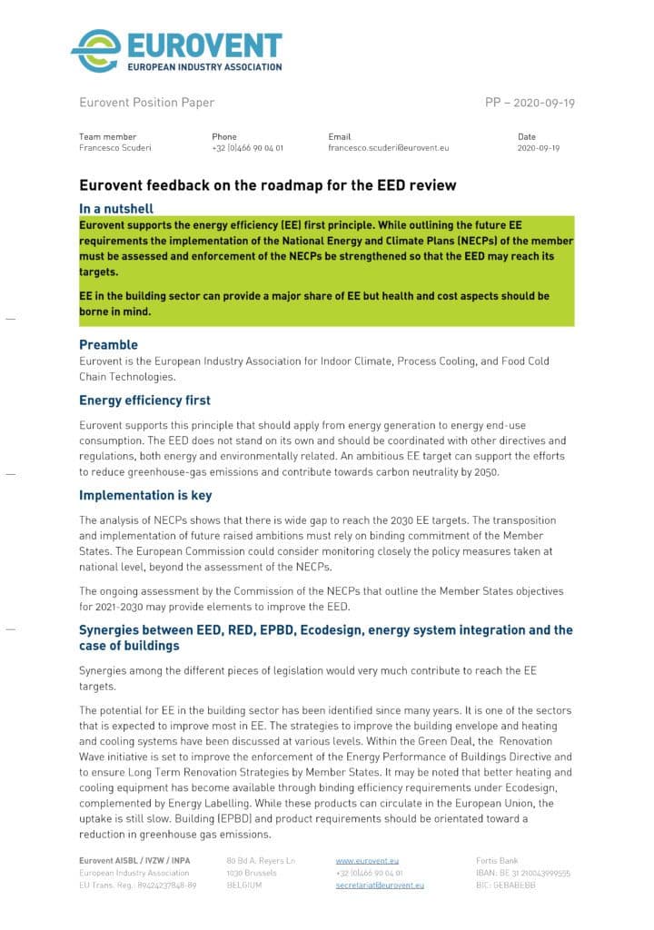Eurovent feedback on the roadmap for the EED review