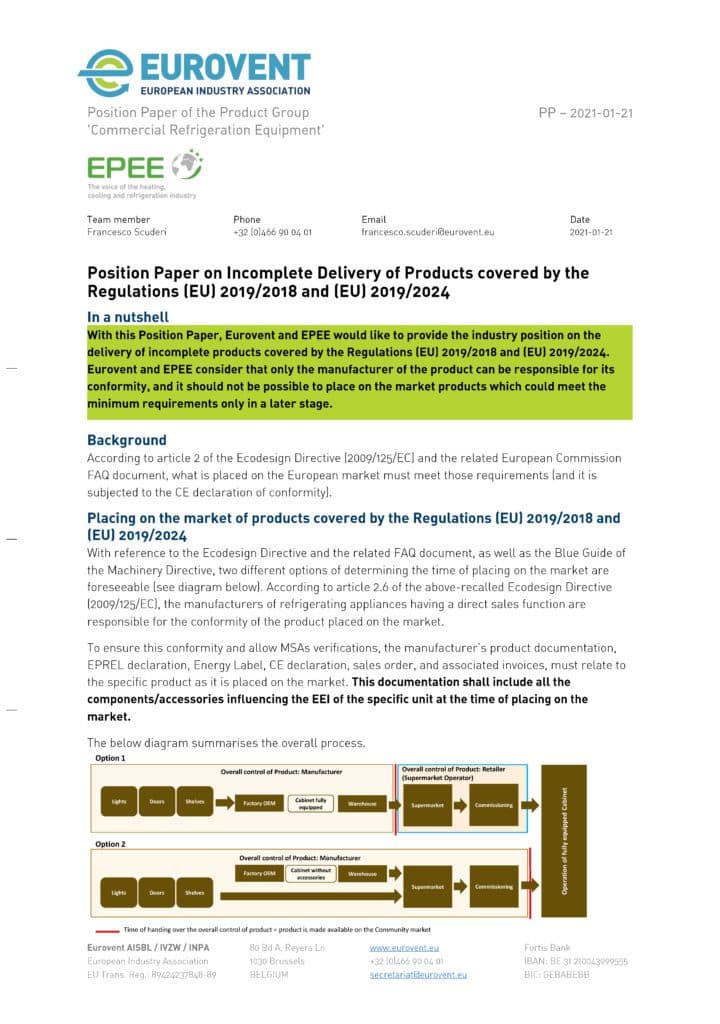 Eurovent EPEE PP on the delivery of incomplete products covered by EU 2019 2018 and 2024