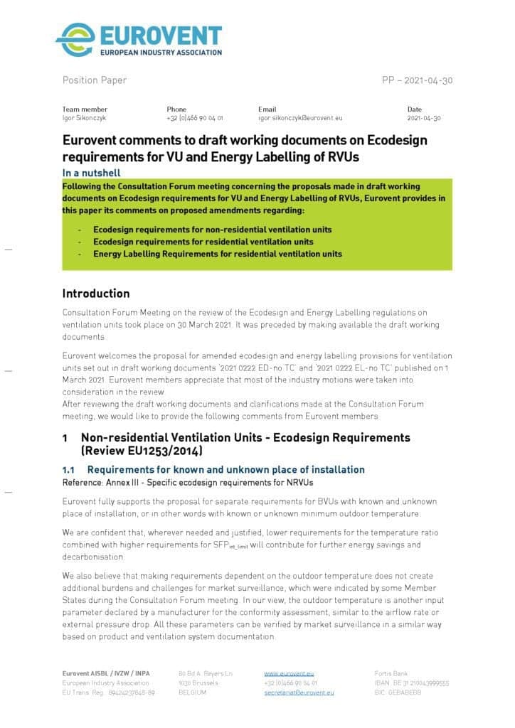 Eurovent comments on draft revised EU1253 and EU1254