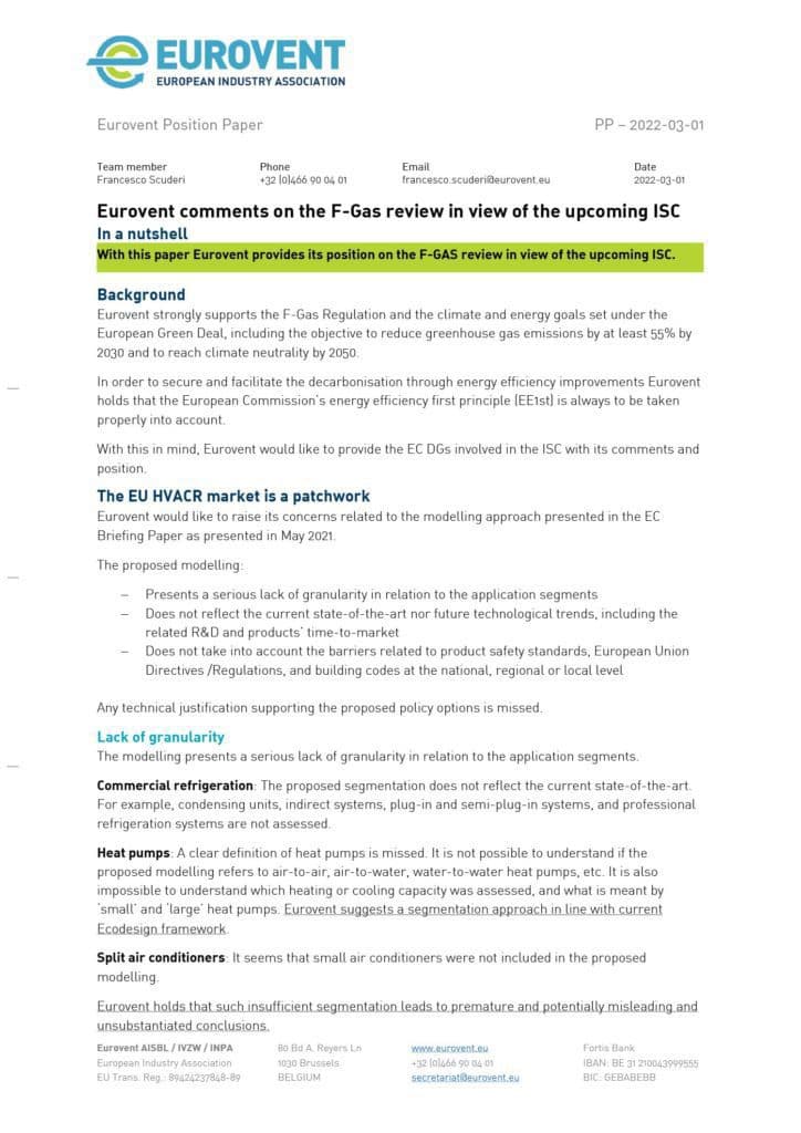 Eurovent comments F-Gas review in view of ISC