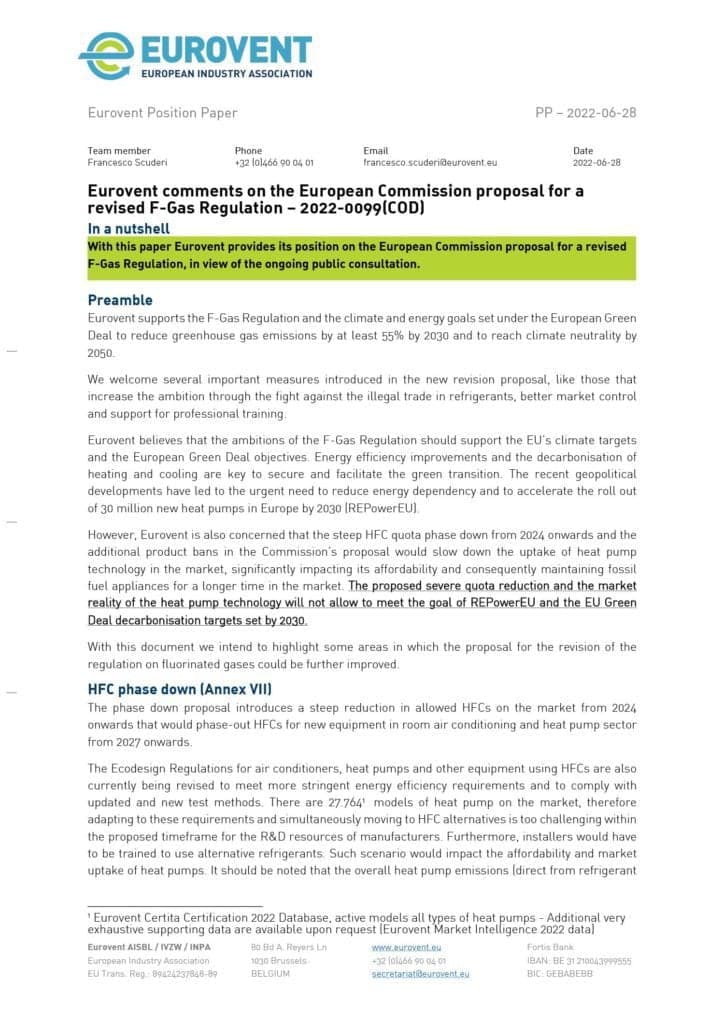 Eurovent comments on the Commission proposal for a revised F-Gas Regulation