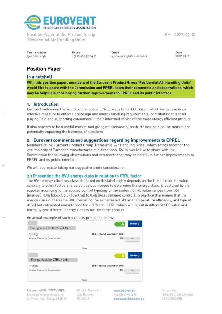 Eurovent comments on EPREL – Bidirectional RVU