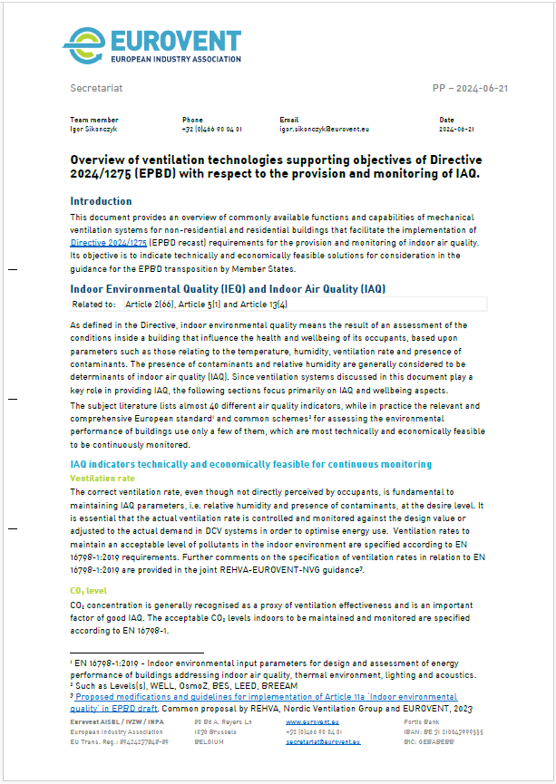 Overview of ventilation technologies supporting objectives of Directive 2024/1275 (EPBD)