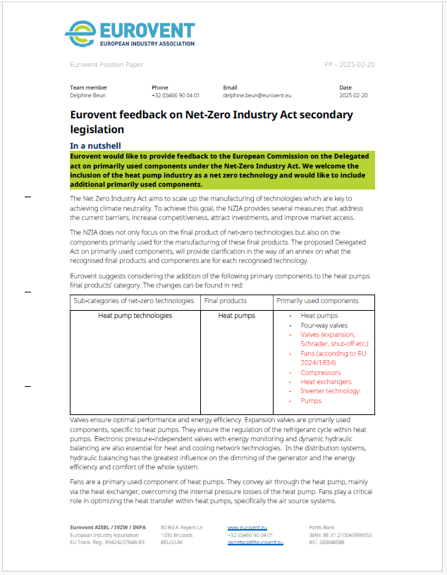Eurovent feedback on Net-Zero Industry Act secondary legislation (Delegated Act)