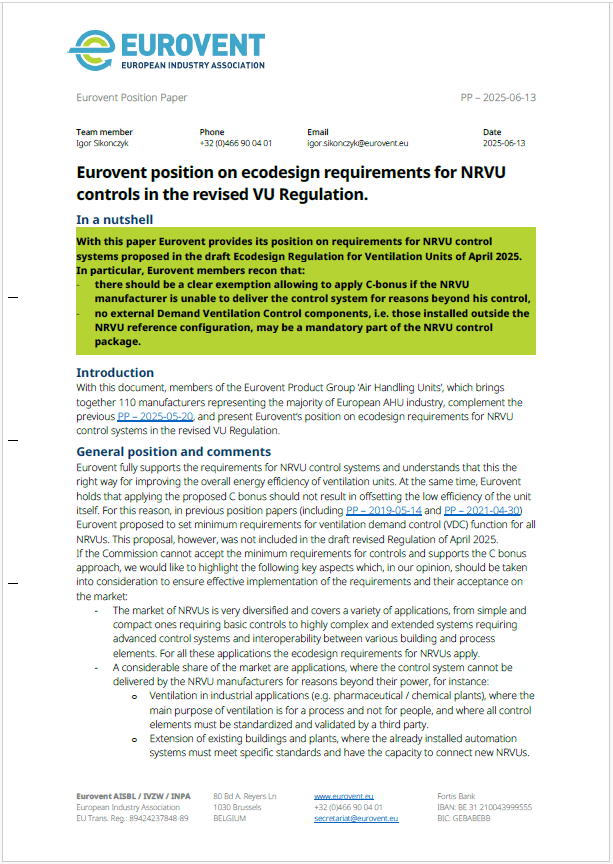 Eurovent position on Ecodesign requirements for NRVU controls in the revised VU Regulation