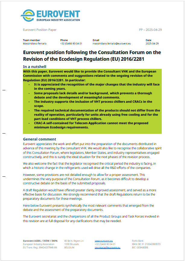 Eurovent position on the Revision of the Ecodesign Regulation (EU) 2016/2281