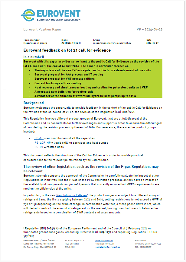 Eurovent feedback on Lot 21 call for evidence