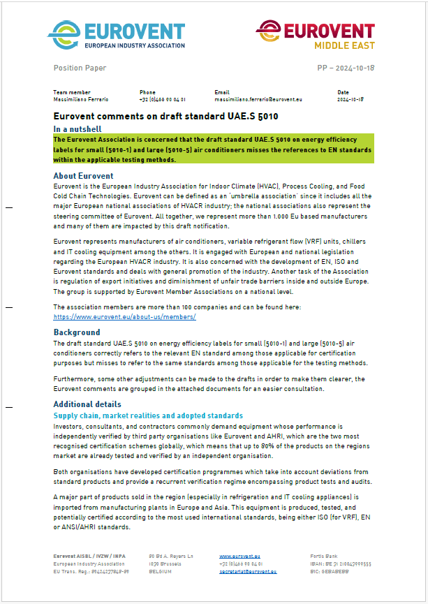 Eurovent comments on draft standard UAE.S 5010