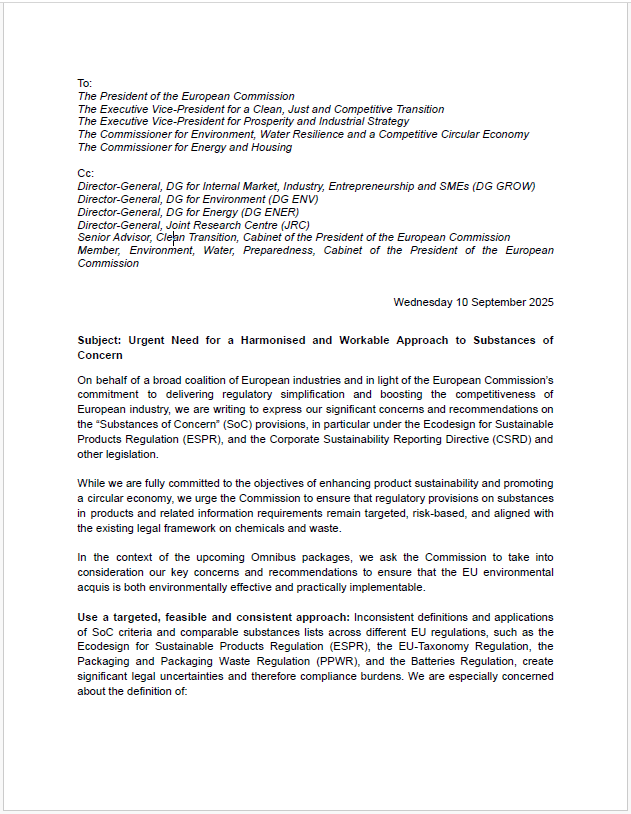 Joint industry letter on Substances of Concern (SoC)