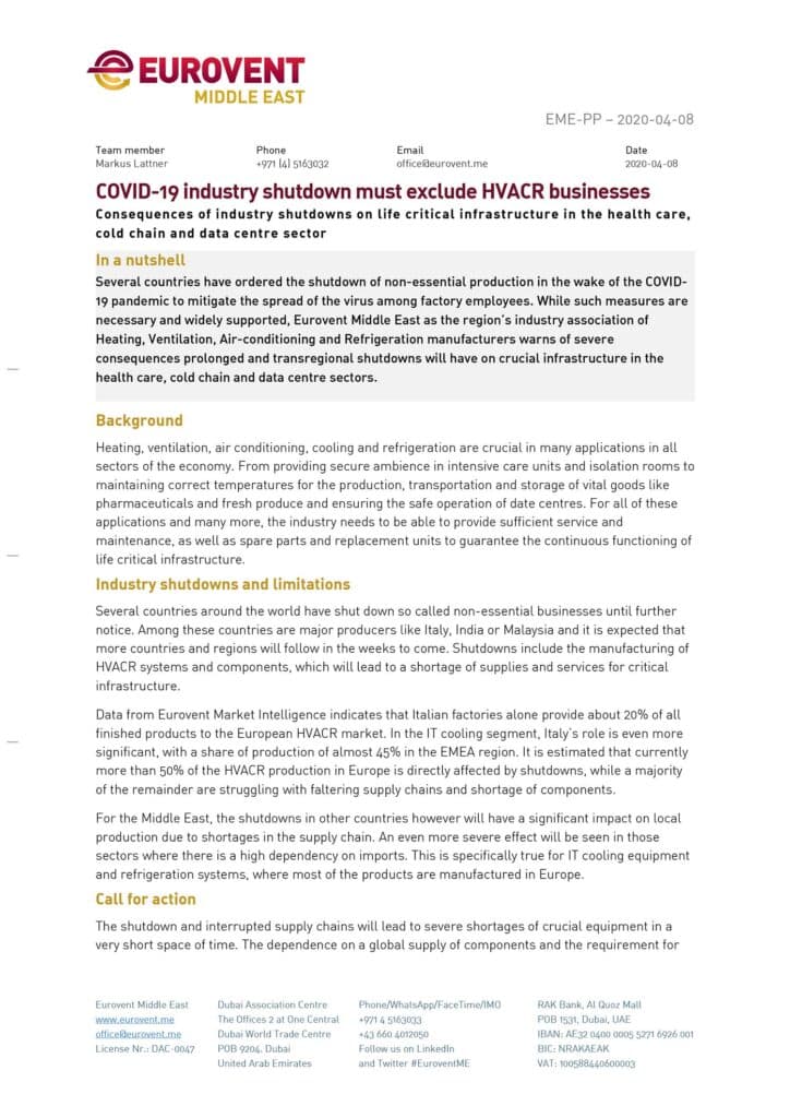 Position Paper: COVID-19 industry shutdown must exclude HVACR businesses