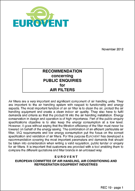 Eurovent 4/19: Industry Recommendation concerning Public Enquiries for Air Filters