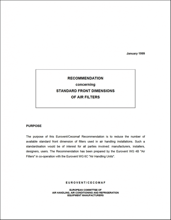 Eurovent 4/9: Standard front dimensions or air filters