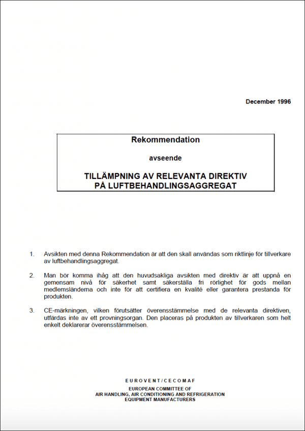 Eurovent 6/2: Tillämpning av relevant Direktiv på Luftbehandlingsaggregat
