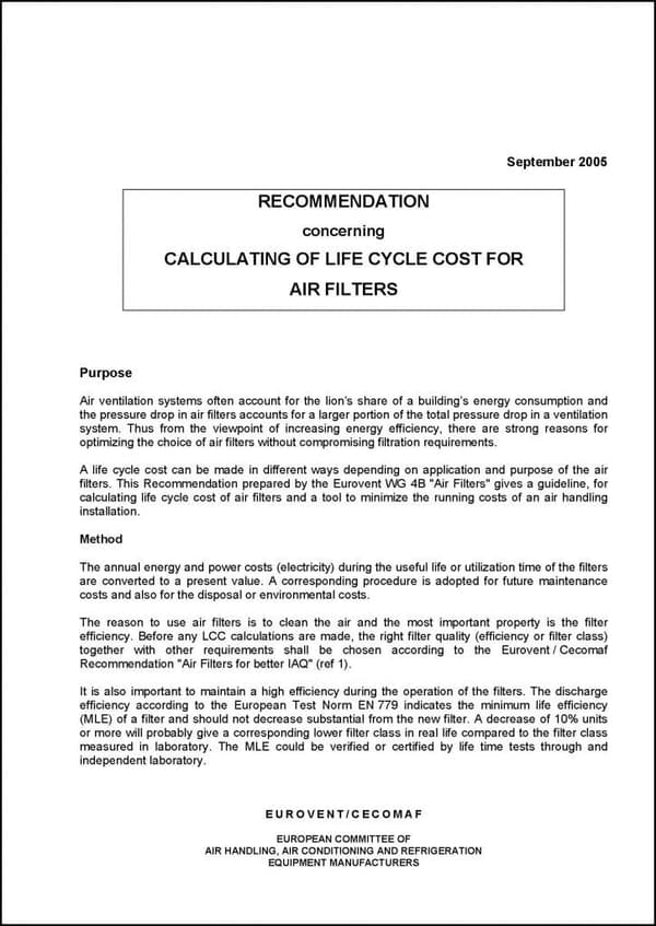 Eurovent 4/10: Calculating of life cycle cost for air filters
