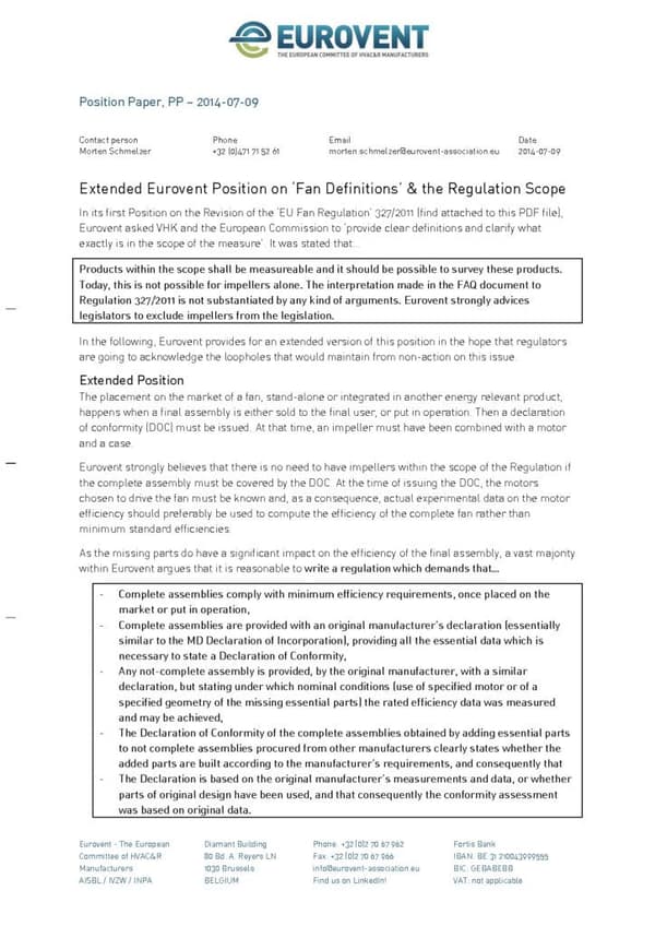 Extended Eurovent Position on ‘Fan Definitions’ and the Regulation Scope