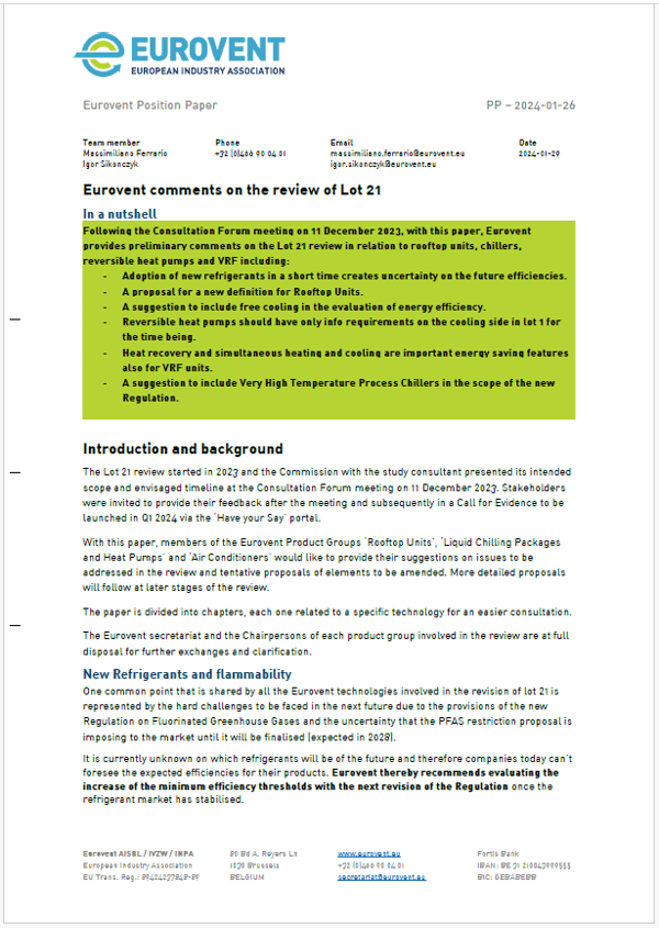 Eurovent comments on the review of Lot 21