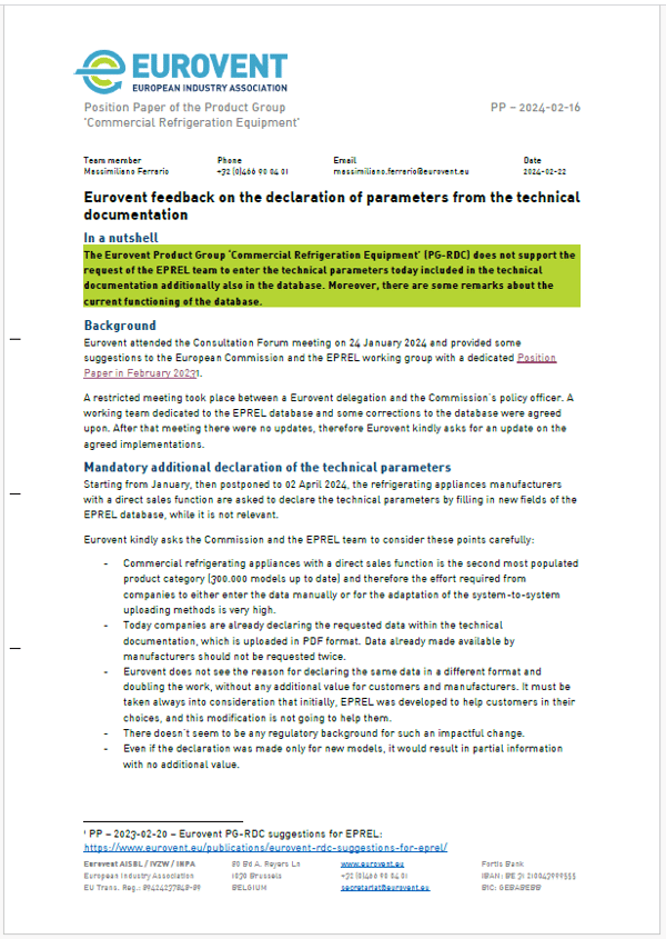 Eurovent feedback on declaration of technical parameters