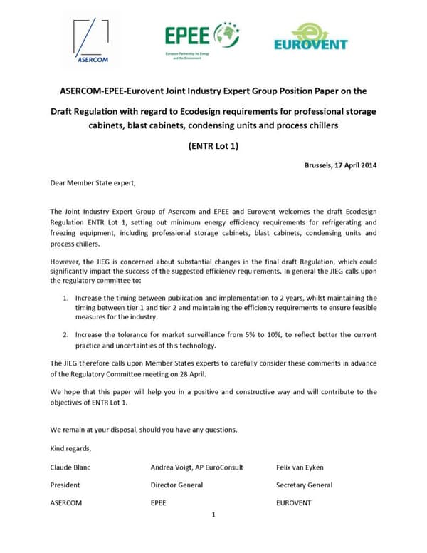 Joint position Eurovent-EPEE-Asercom on tolerances