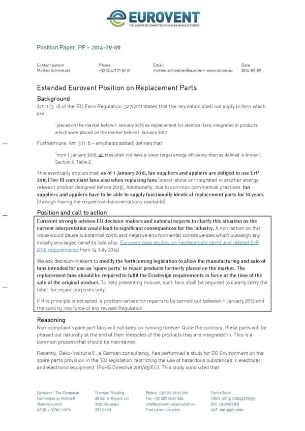 Extended Eurovent Position on Replacement Parts