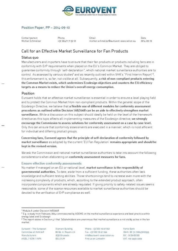 Eurovent Call for an Effective Market Surveillance for Fans