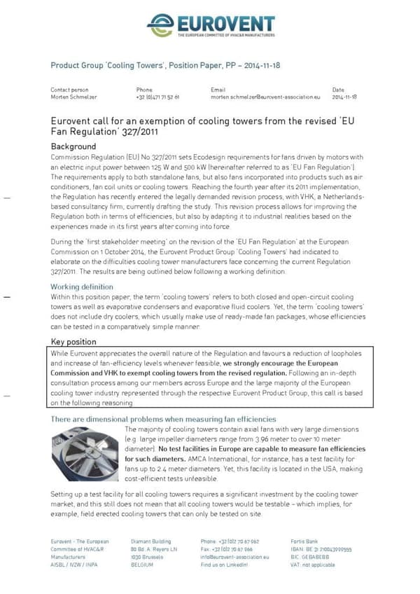 Eurovent call for an exemption of cooling towers from the revised EU Fan Regulation