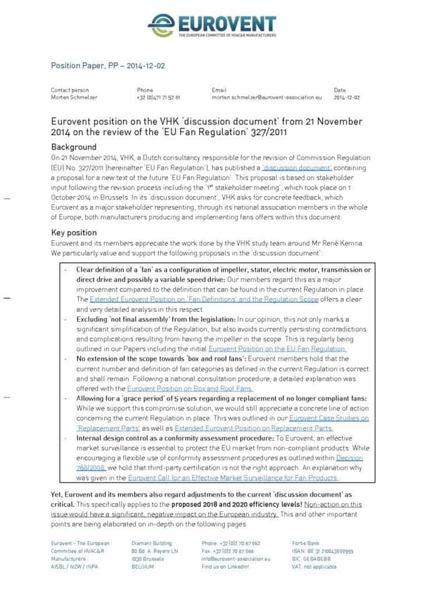 Eurovent Position on the VHK discussion document from 2014-11-21 on the fan review