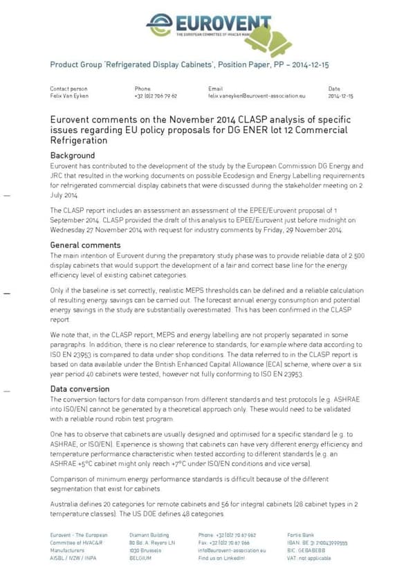 Eurovent comments on the November 2014 CLASP analysis