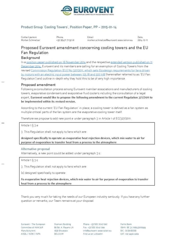 Proposed Eurovent amendment concerning cooling towers and the EU Fan Regulation